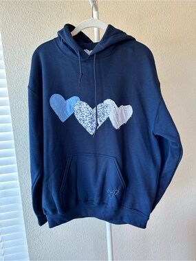 Three hearts custom patchwork hoodie sweatshirt navy blue size medium